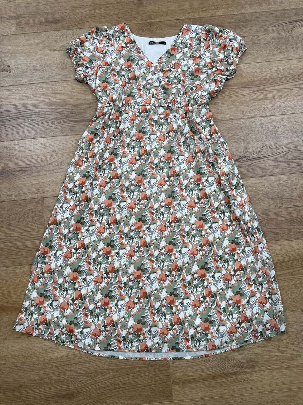 Mikarose Floral V-Neck Midi Dress Women’s Large Modest Short Sleeve Lined - Picture 2 of 15